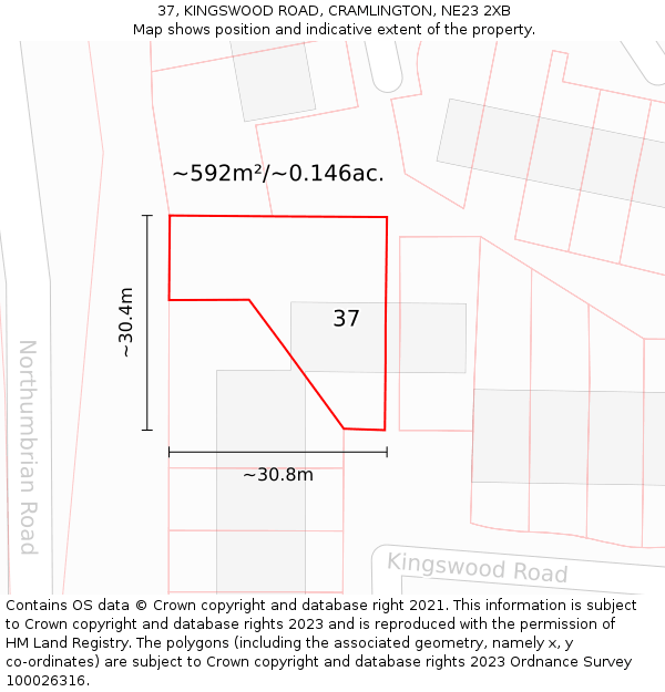 37, KINGSWOOD ROAD, CRAMLINGTON, NE23 2XB: Plot and title map