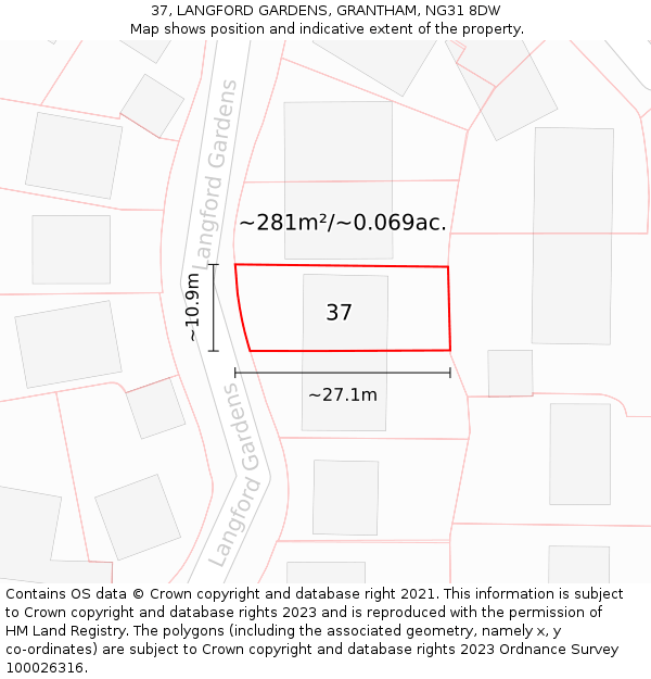 37, LANGFORD GARDENS, GRANTHAM, NG31 8DW: Plot and title map