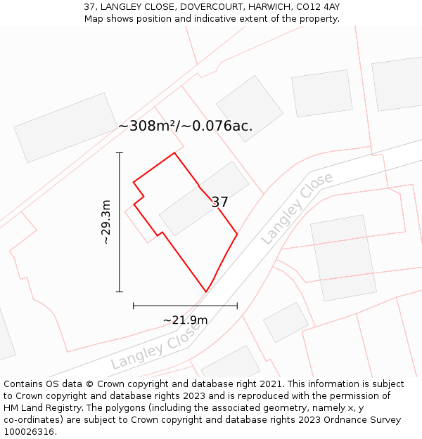 37, LANGLEY CLOSE, DOVERCOURT, HARWICH, CO12 4AY: Plot and title map