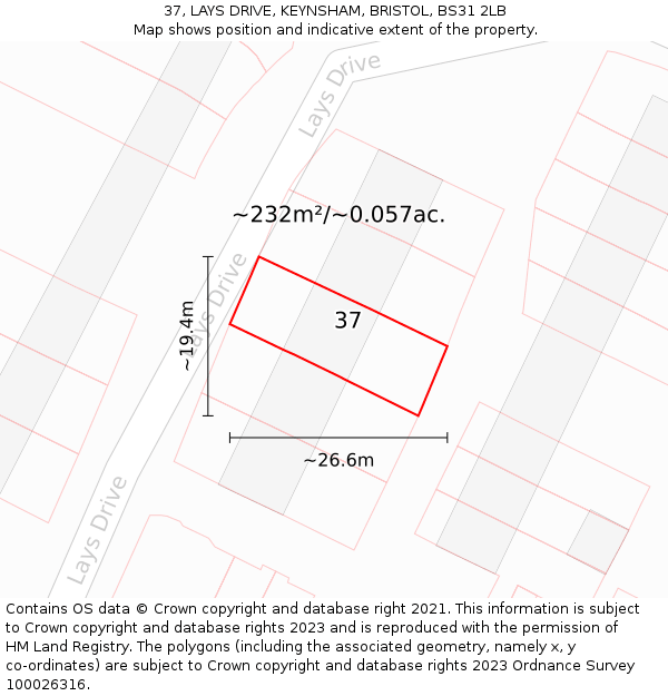 37, LAYS DRIVE, KEYNSHAM, BRISTOL, BS31 2LB: Plot and title map