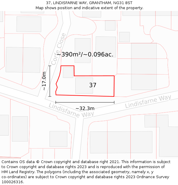 37, LINDISFARNE WAY, GRANTHAM, NG31 8ST: Plot and title map