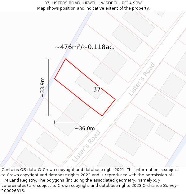 37, LISTERS ROAD, UPWELL, WISBECH, PE14 9BW: Plot and title map