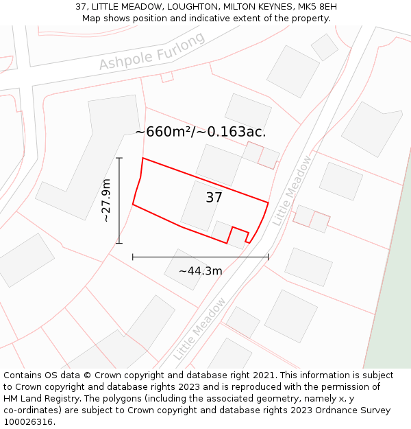 37, LITTLE MEADOW, LOUGHTON, MILTON KEYNES, MK5 8EH: Plot and title map