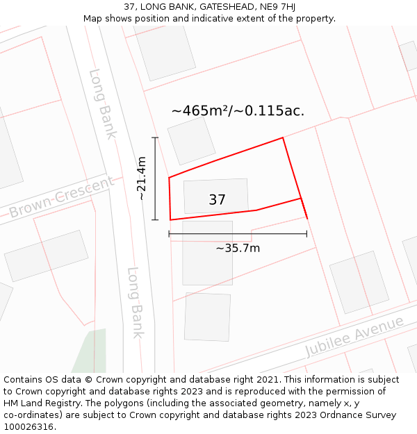 37, LONG BANK, GATESHEAD, NE9 7HJ: Plot and title map