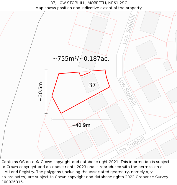 37, LOW STOBHILL, MORPETH, NE61 2SG: Plot and title map