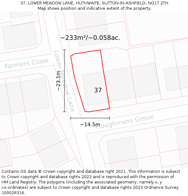 37, LOWER MEADOW LANE, HUTHWAITE, SUTTON-IN-ASHFIELD, NG17 2TH: Plot and title map