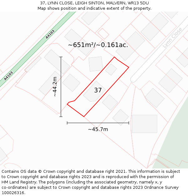 37, LYNN CLOSE, LEIGH SINTON, MALVERN, WR13 5DU: Plot and title map