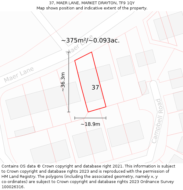 37, MAER LANE, MARKET DRAYTON, TF9 1QY: Plot and title map