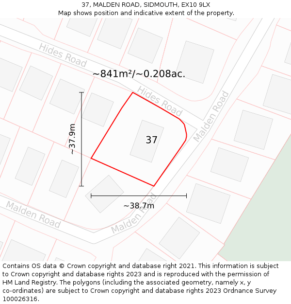 37, MALDEN ROAD, SIDMOUTH, EX10 9LX: Plot and title map