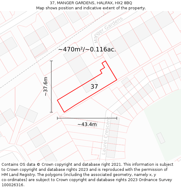 37, MANGER GARDENS, HALIFAX, HX2 8BQ: Plot and title map