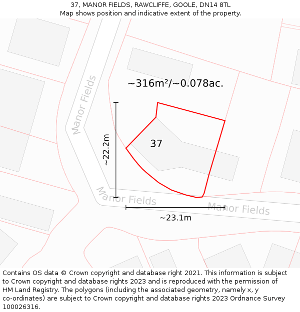 37, MANOR FIELDS, RAWCLIFFE, GOOLE, DN14 8TL: Plot and title map