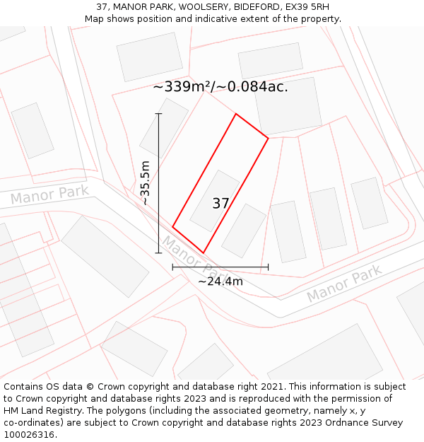 37, MANOR PARK, WOOLSERY, BIDEFORD, EX39 5RH: Plot and title map