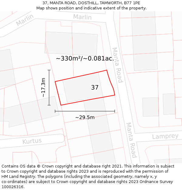 37, MANTA ROAD, DOSTHILL, TAMWORTH, B77 1PE: Plot and title map