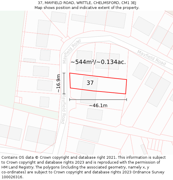 37, MAYFIELD ROAD, WRITTLE, CHELMSFORD, CM1 3EJ: Plot and title map