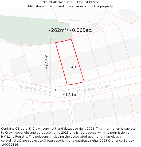 37, MEADOW CLOSE, LEEK, ST13 5TX: Plot and title map