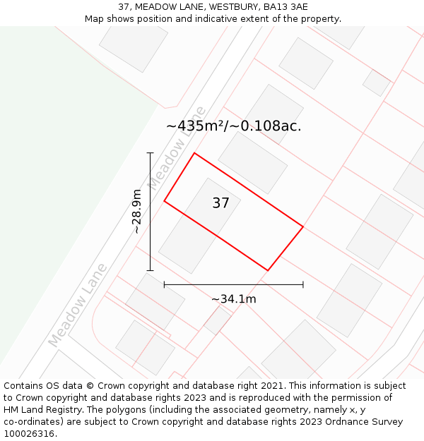 37, MEADOW LANE, WESTBURY, BA13 3AE: Plot and title map