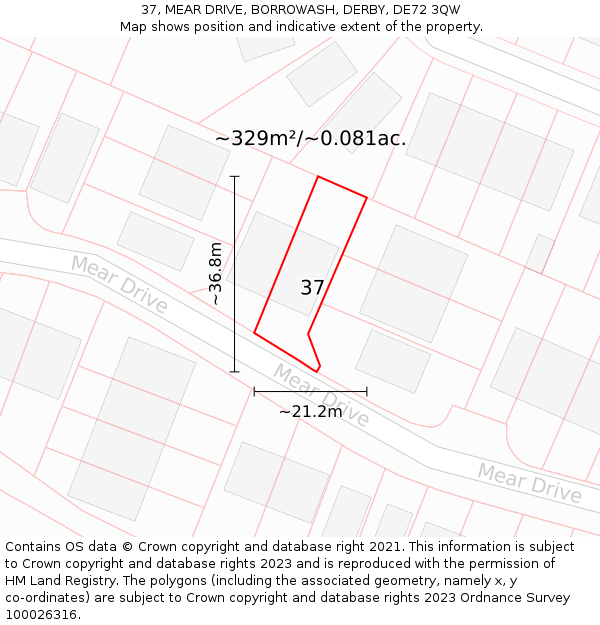 37, MEAR DRIVE, BORROWASH, DERBY, DE72 3QW: Plot and title map