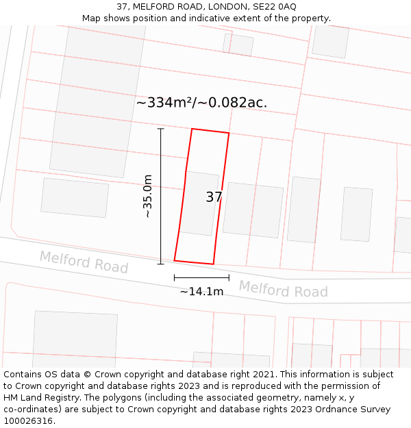 37, MELFORD ROAD, LONDON, SE22 0AQ: Plot and title map