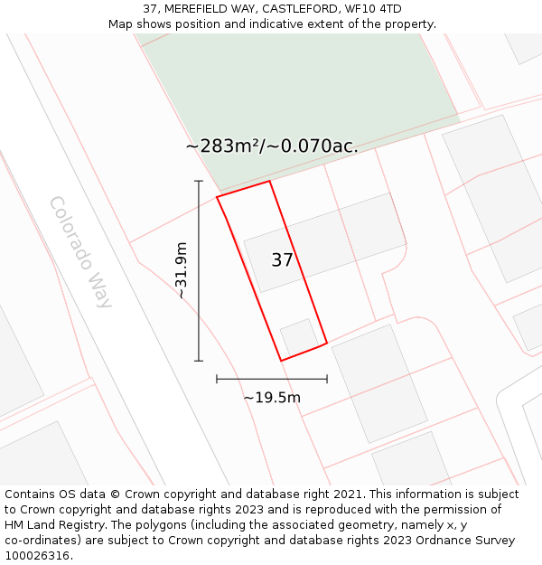 37, MEREFIELD WAY, CASTLEFORD, WF10 4TD: Plot and title map