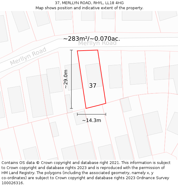 37, MERLLYN ROAD, RHYL, LL18 4HG: Plot and title map