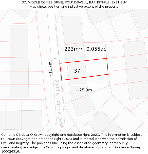 37, MIDDLE COMBE DRIVE, ROUNDSWELL, BARNSTAPLE, EX31 3UY: Plot and title map