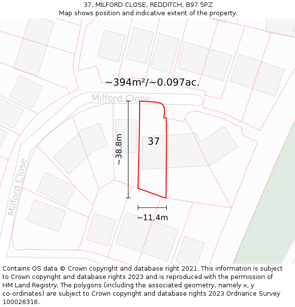 37, MILFORD CLOSE, REDDITCH, B97 5PZ: Plot and title map