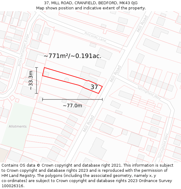 37, MILL ROAD, CRANFIELD, BEDFORD, MK43 0JG: Plot and title map