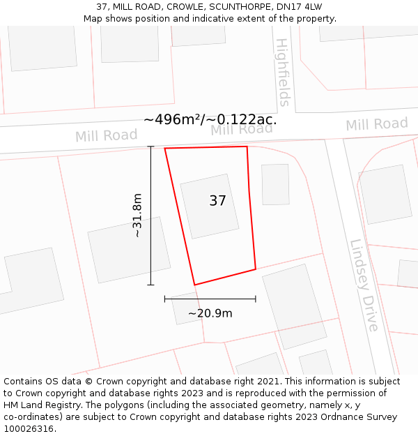 37, MILL ROAD, CROWLE, SCUNTHORPE, DN17 4LW: Plot and title map