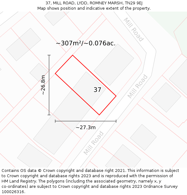 37, MILL ROAD, LYDD, ROMNEY MARSH, TN29 9EJ: Plot and title map