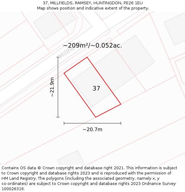 37, MILLFIELDS, RAMSEY, HUNTINGDON, PE26 1EU: Plot and title map