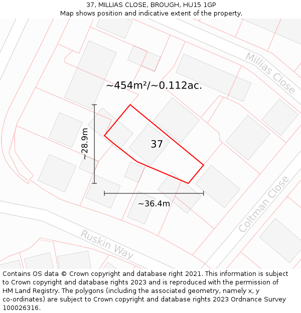 37, MILLIAS CLOSE, BROUGH, HU15 1GP: Plot and title map