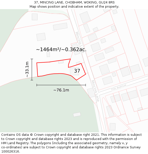 37, MINCING LANE, CHOBHAM, WOKING, GU24 8RS: Plot and title map