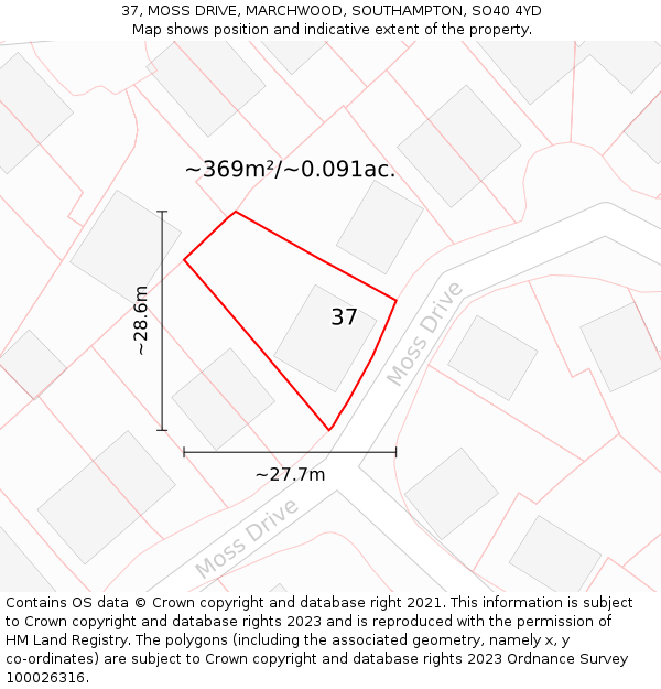 37, MOSS DRIVE, MARCHWOOD, SOUTHAMPTON, SO40 4YD: Plot and title map