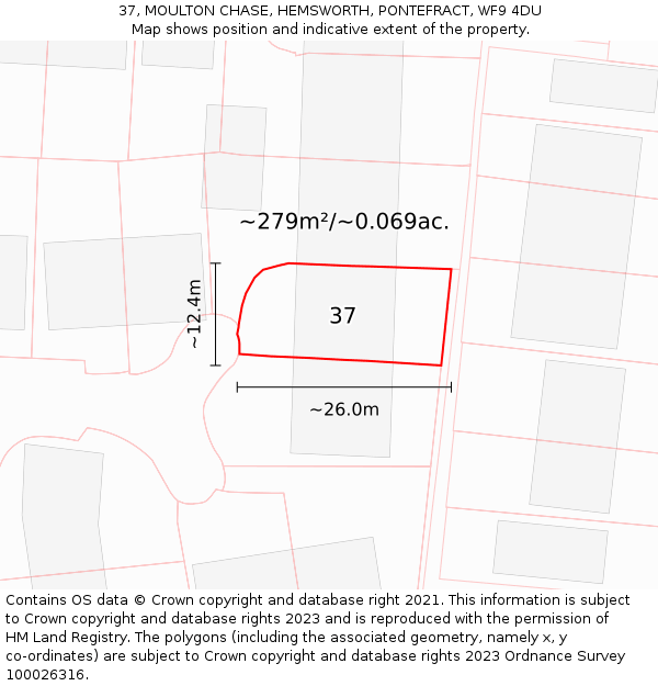 37, MOULTON CHASE, HEMSWORTH, PONTEFRACT, WF9 4DU: Plot and title map