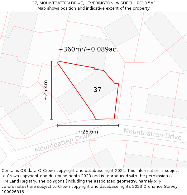 37, MOUNTBATTEN DRIVE, LEVERINGTON, WISBECH, PE13 5AF: Plot and title map