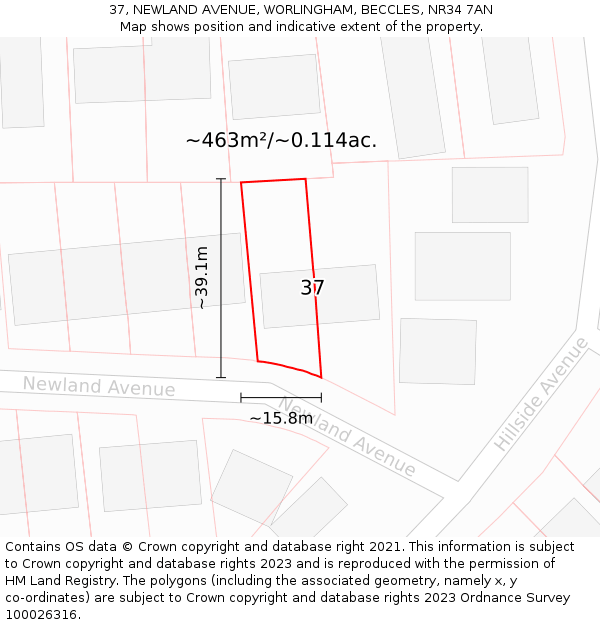 37, NEWLAND AVENUE, WORLINGHAM, BECCLES, NR34 7AN: Plot and title map
