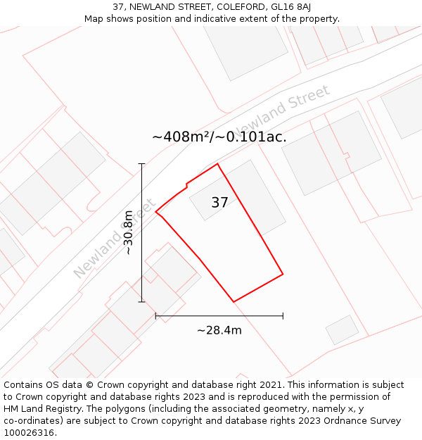 37, NEWLAND STREET, COLEFORD, GL16 8AJ: Plot and title map