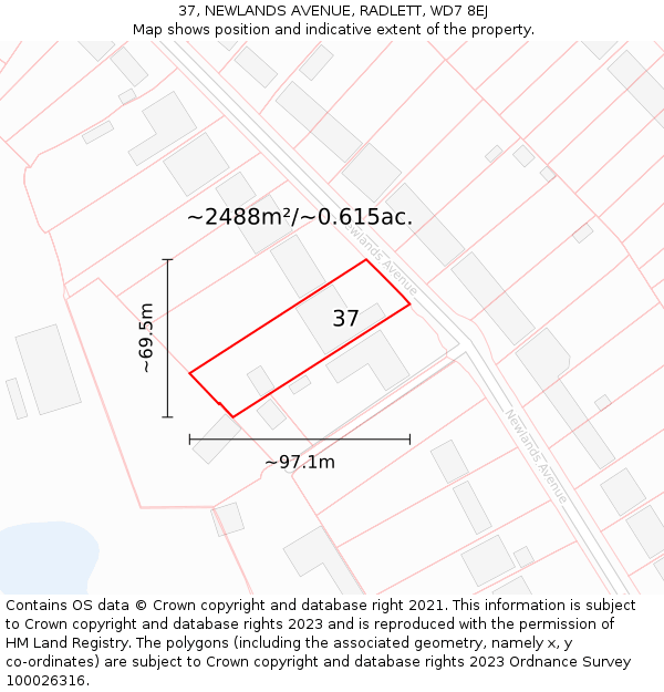 37, NEWLANDS AVENUE, RADLETT, WD7 8EJ: Plot and title map