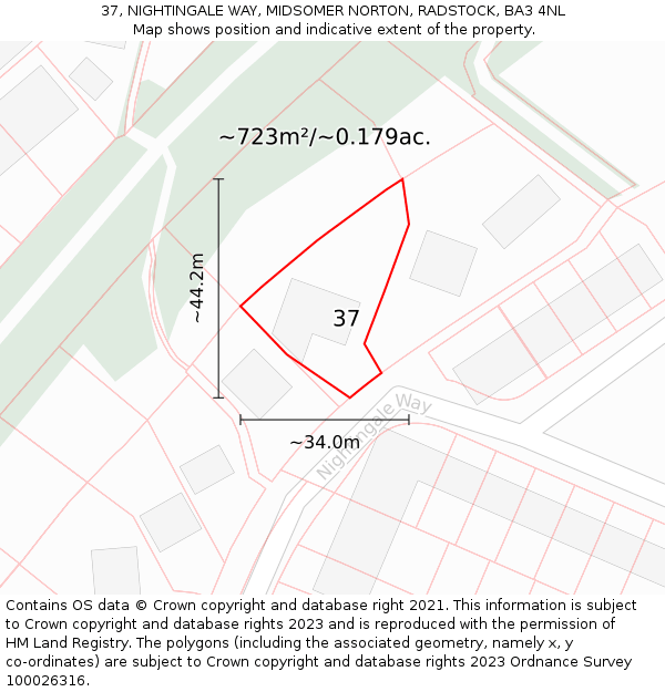 37, NIGHTINGALE WAY, MIDSOMER NORTON, RADSTOCK, BA3 4NL: Plot and title map