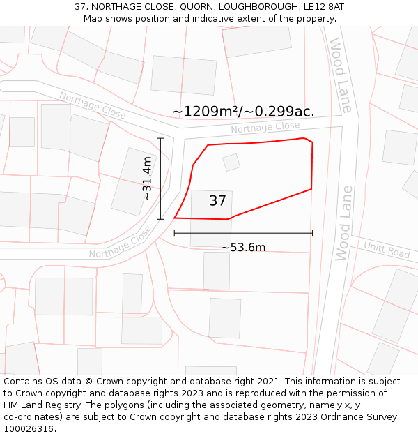 37, NORTHAGE CLOSE, QUORN, LOUGHBOROUGH, LE12 8AT: Plot and title map