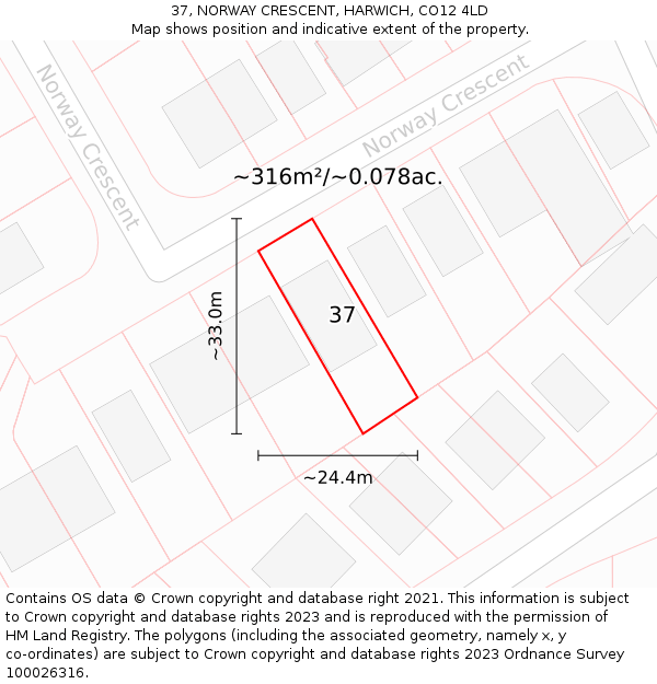 37, NORWAY CRESCENT, HARWICH, CO12 4LD: Plot and title map