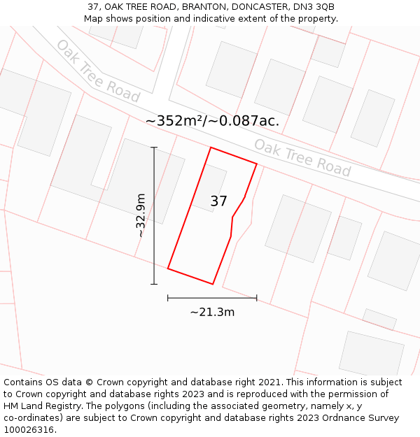 37, OAK TREE ROAD, BRANTON, DONCASTER, DN3 3QB: Plot and title map