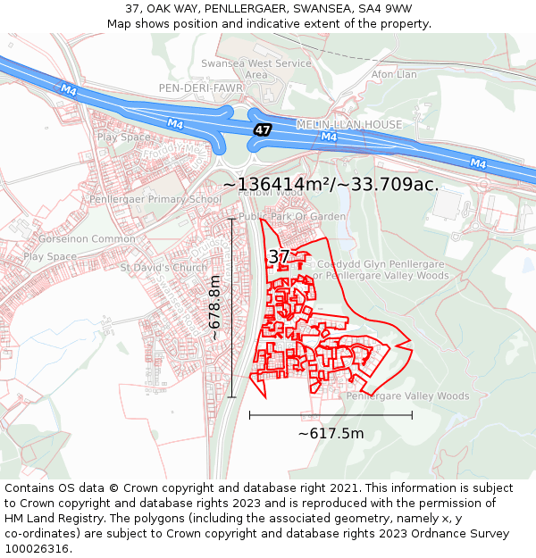 37, OAK WAY, PENLLERGAER, SWANSEA, SA4 9WW: Plot and title map