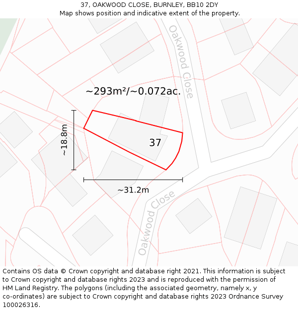 37, OAKWOOD CLOSE, BURNLEY, BB10 2DY: Plot and title map