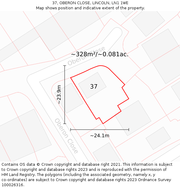 37, OBERON CLOSE, LINCOLN, LN1 1WE: Plot and title map