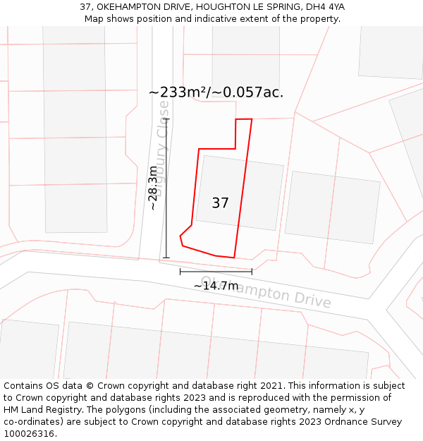 37, OKEHAMPTON DRIVE, HOUGHTON LE SPRING, DH4 4YA: Plot and title map
