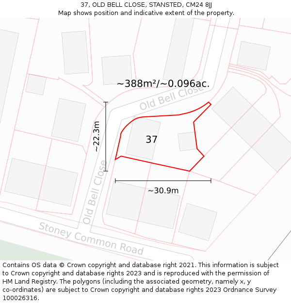 37, OLD BELL CLOSE, STANSTED, CM24 8JJ: Plot and title map