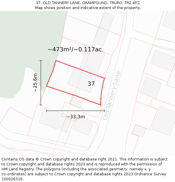 37, OLD TANNERY LANE, GRAMPOUND, TRURO, TR2 4PZ: Plot and title map