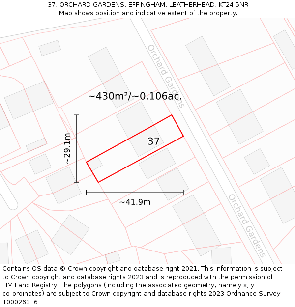 37, ORCHARD GARDENS, EFFINGHAM, LEATHERHEAD, KT24 5NR: Plot and title map