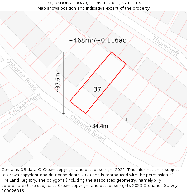 37, OSBORNE ROAD, HORNCHURCH, RM11 1EX: Plot and title map